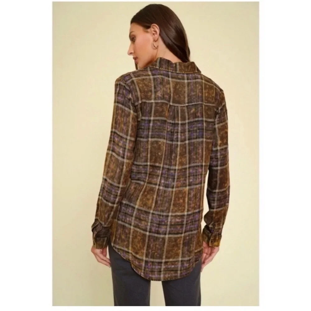 MYSTREE Washed Plaid Flannel Top - Picture 5 of 8